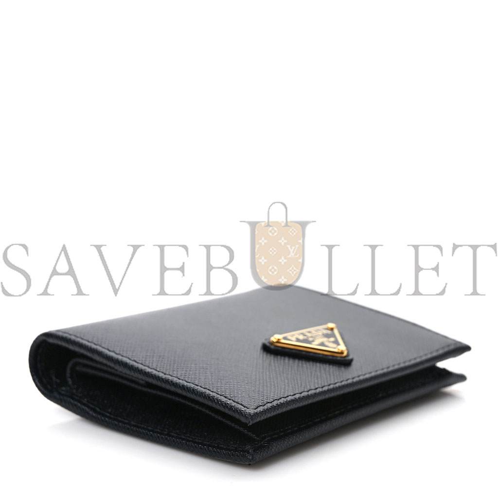 PRADA SAFFIANO TRIANGLE BI-FOLD WALLET BLACK (11*8*3cm)