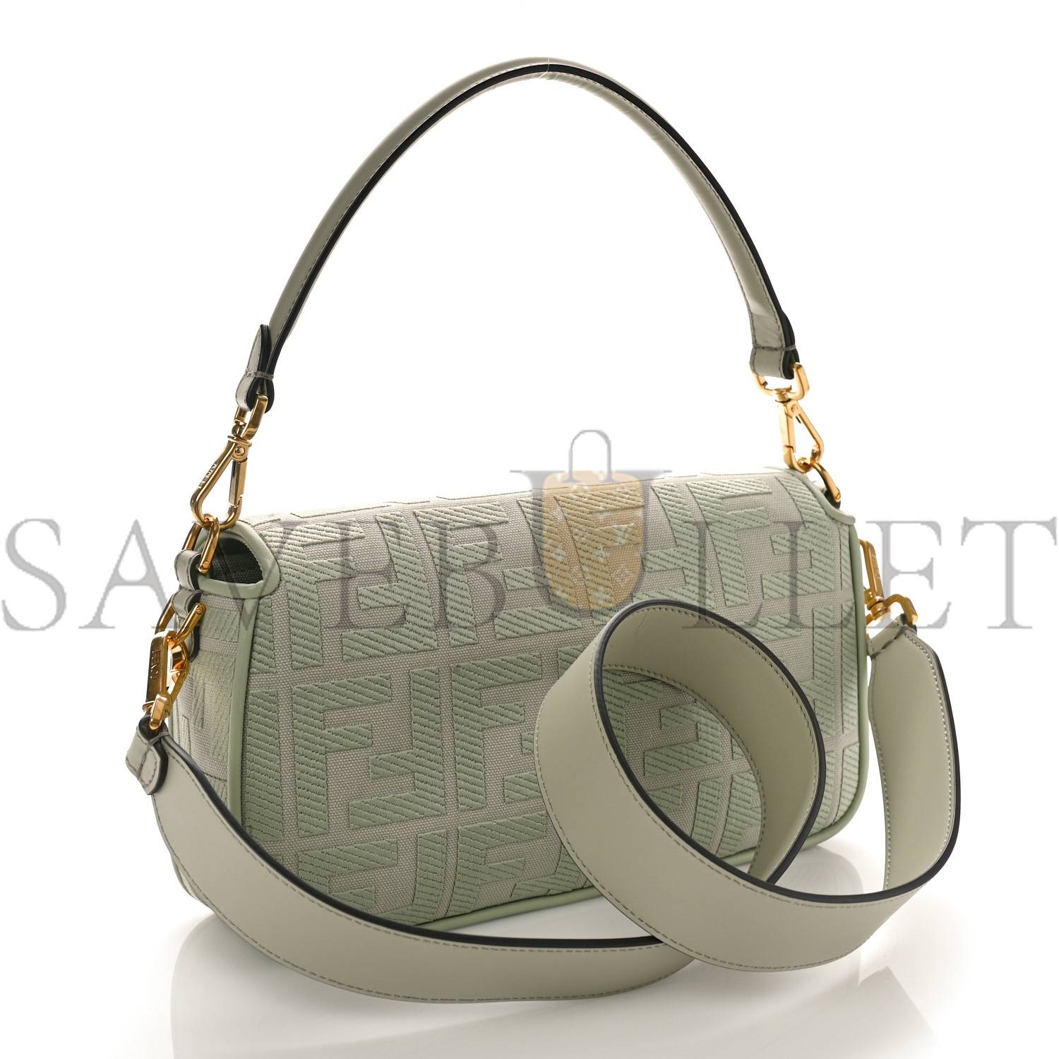 FENDI CANVAS VITELLO KING FF EMBROIDERED BAGUETTE GREEN TEA (29*18*8cm)