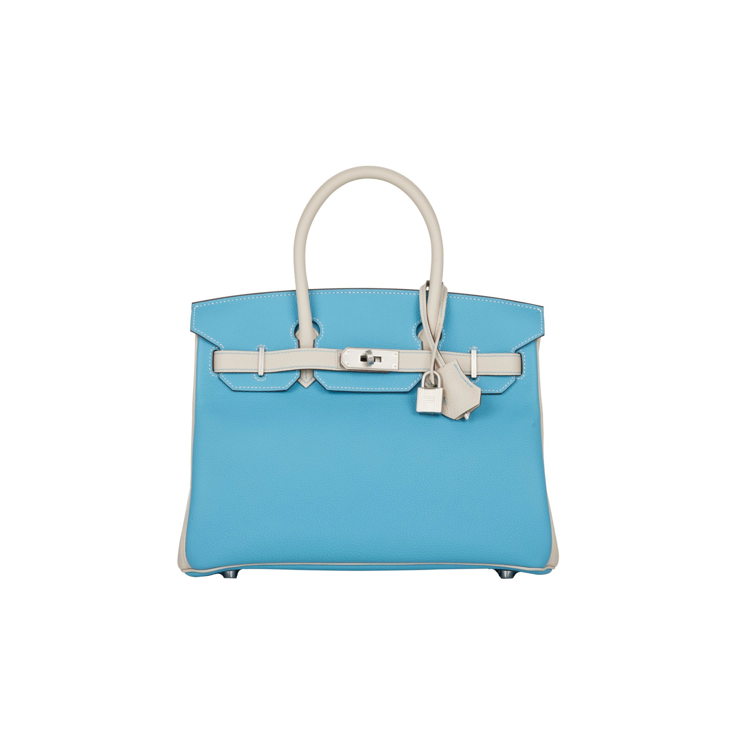 HERMES MASTER BIRKIN 25 TOGO LEATHER NORTHERN BLUE AND MILKSHAKE WHITE SILVER BUCKLE HANDBAG 2161400178398 (25*20*13cm)