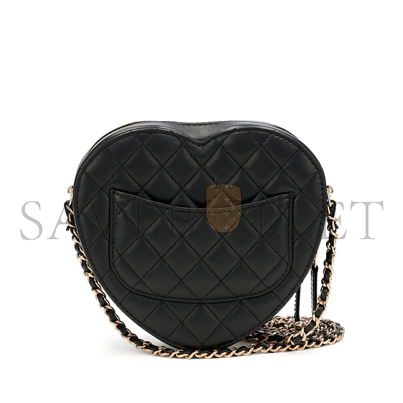 CHANEL BLACK QUILTED LAMBSKIN CC IN LOVE HEART BAG GOLD HARDWARE AS3191 (18*16.5x*6.5cm)