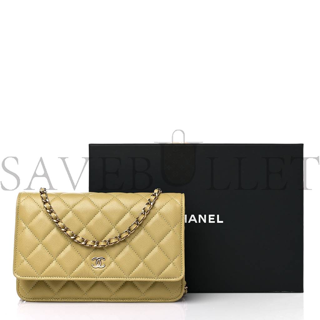 CHANEL CAVIAR QUILTED WALLET ON CHAIN WOC LIGHT GREEN ROSE GOLD HARDWARE (19*11*4cm)